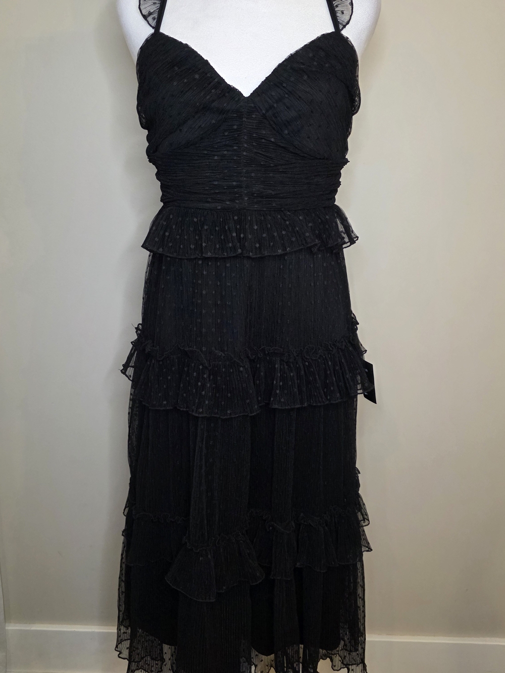 Lulus Black Swiss Dot Tulle Tiered Ruffle Midi Dress Small Corset NWT Goth